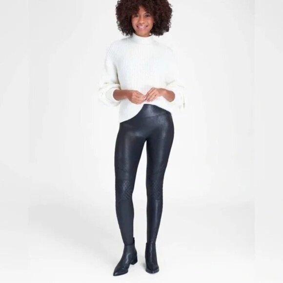 Spanx Quilted Faux Leather Leggings Black High-Rise Small - Picture 1 of 11